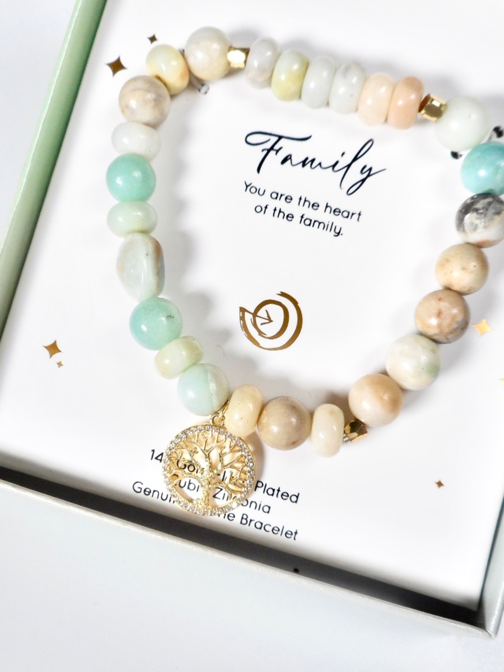 Love This Life Amazonite Natural Stone Beaded Family Tree Charm Stretch Bracelet